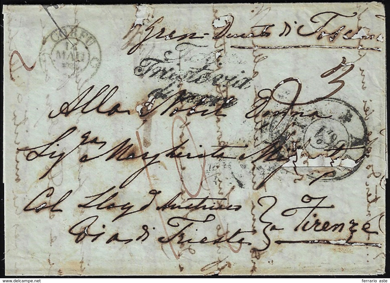 1852 - Lettera Non Affrancata Da Corfù 14/5/1852 A Firenze, Sul Fronte E Al Verso Segni Di Tassa E B... - Tuscany