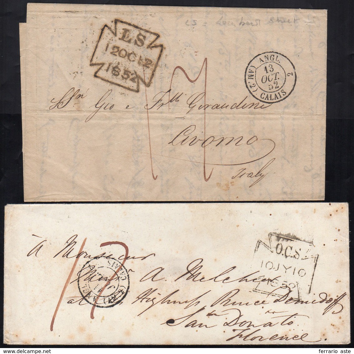 INCOMING MAIL 1852 - Due Lettere Non Affrancate Dalla Gran Bretagna Per La Toscana, Entrambe Tassate... - Tuscany