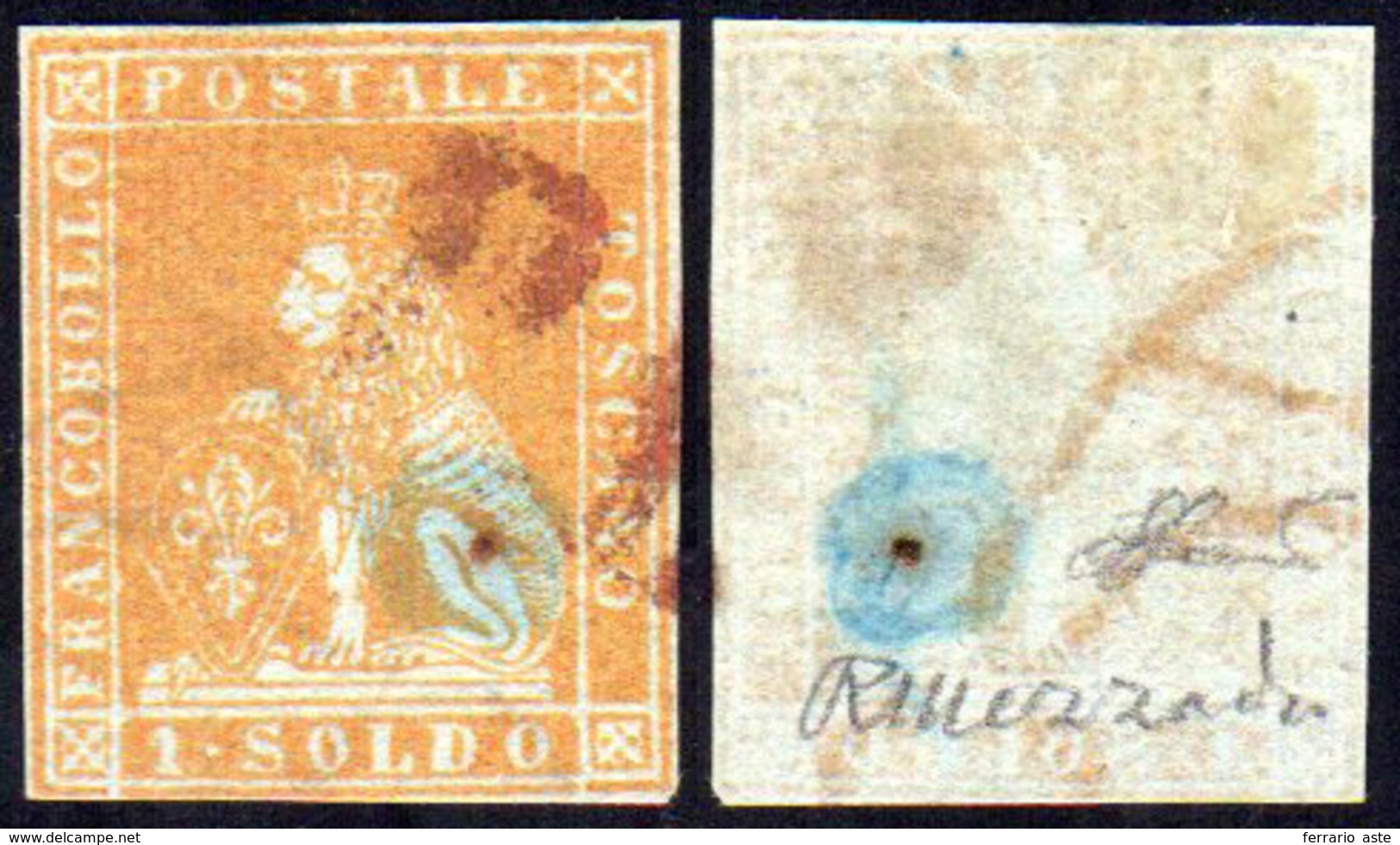 1851 - 1 Soldo Giallo Bistro Su Azzurro (2b), Evidente E Tipica Macchia Azzurra Causata Da Una Impur... - Tuscany