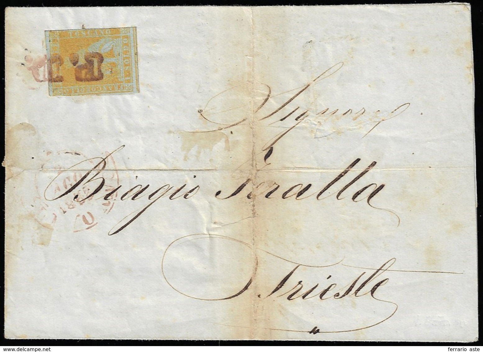 1853 - 1 Soldo Giallo Oro Su Azzurro (2c), Corto A Destra, Su Stampato Da Livorno 2/8/1853 A Trieste... - Tuscany