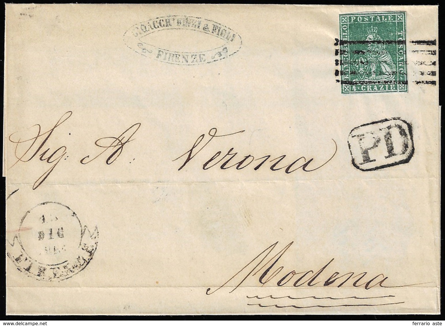 1857 - 4 Crazie Verde Su Grigio (6), Ottimo Stato, Su Sovracoperta Di Lettera Da Firenze 15/12/1857 ... - Tuscany