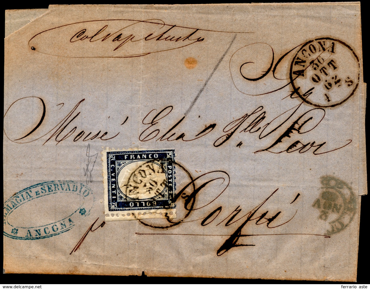 1862 - 20 Cent. Indaco (2), Difettoso, Su Sovracoperta Di Lettera Da Ancona 30/10/1862 A Corfù, Tras... - Unclassified