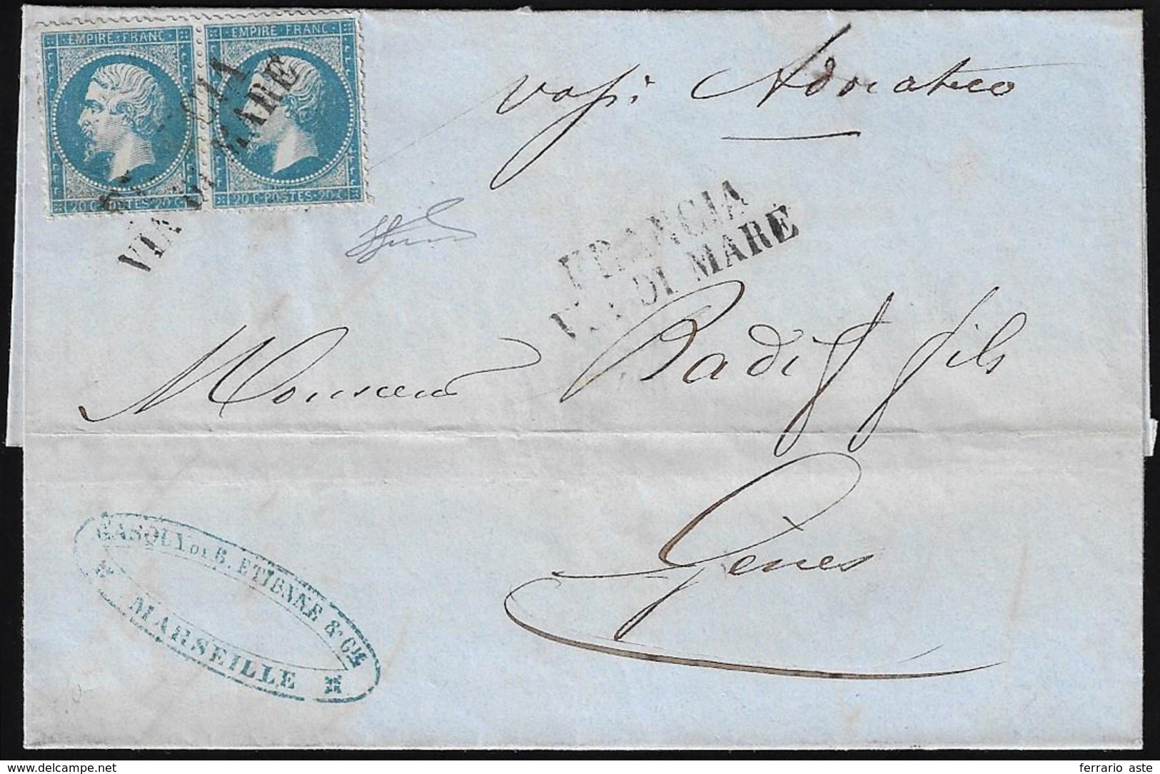 1863 - FRANCIA VIA MARE, Punti 7 - 20 Cent. Napoleone III, Dentellato (Francia 22), Coppia, Perfetta... - Unclassified
