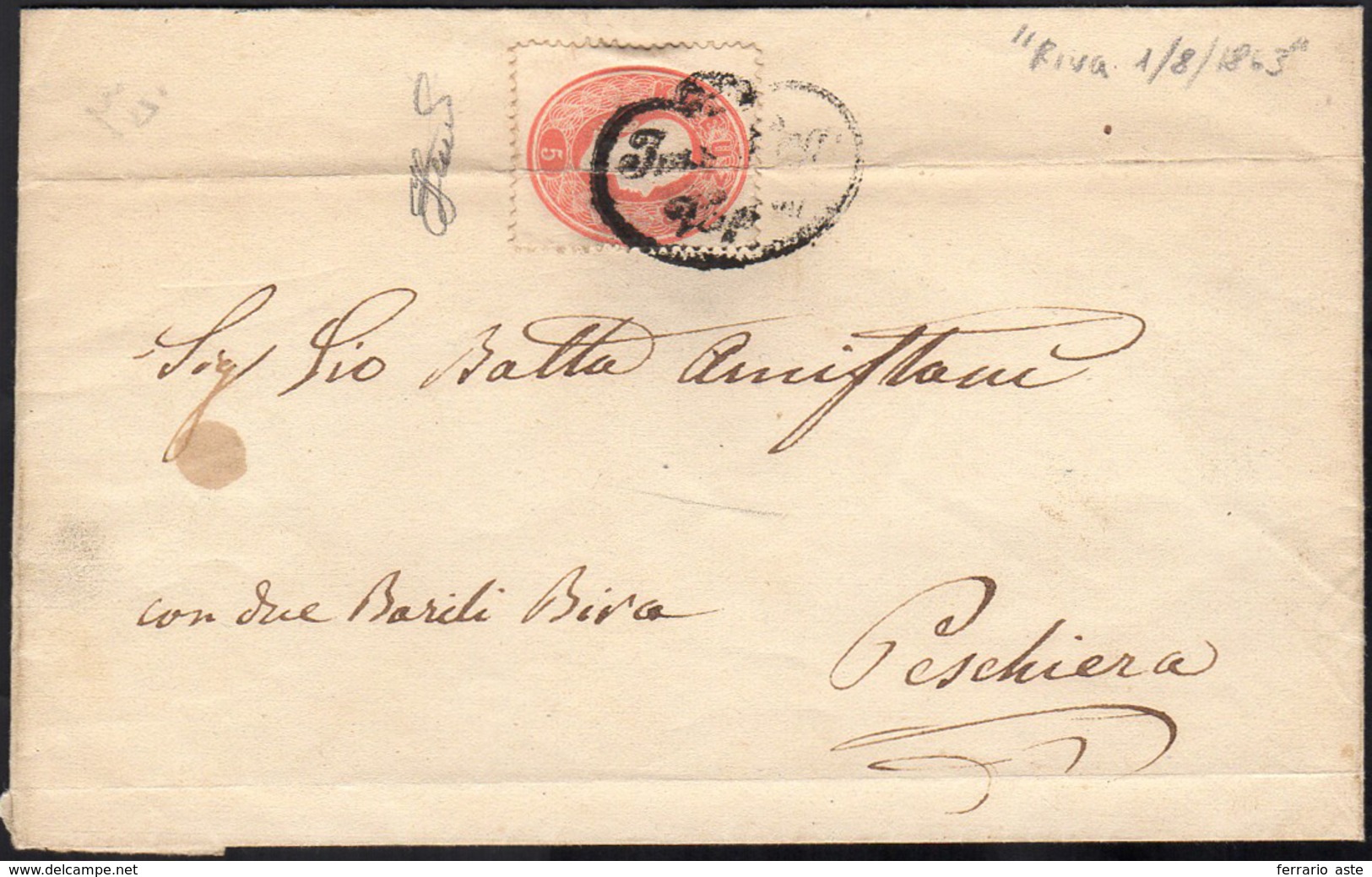 1863 - IMP. REG. VAPORI, Punti 12 Su 5 Kreuzer D'Austria (19), Piega D'archivio Passante, Su Lettera... - Unclassified