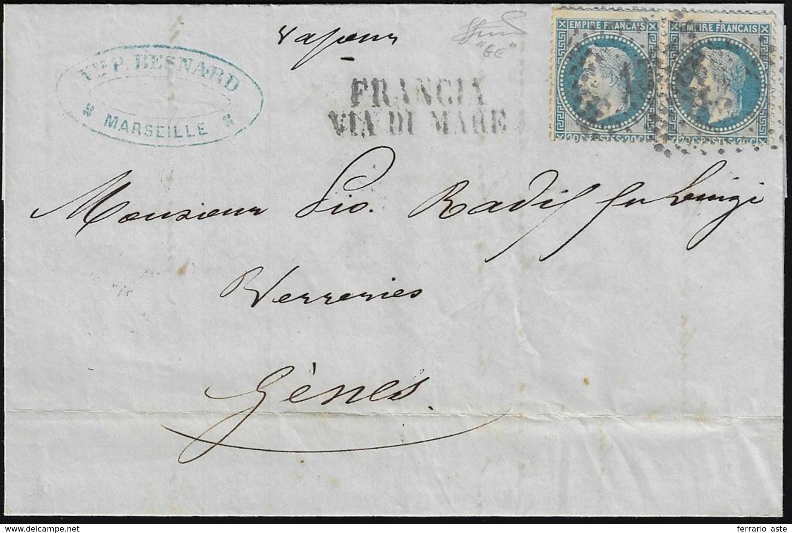 1870 - FRANCIA VIA DI MARE + Numerale A Punti - 20 Cent. Napoleone Laureato (Francia 29), Coppia, Pe... - Unclassified