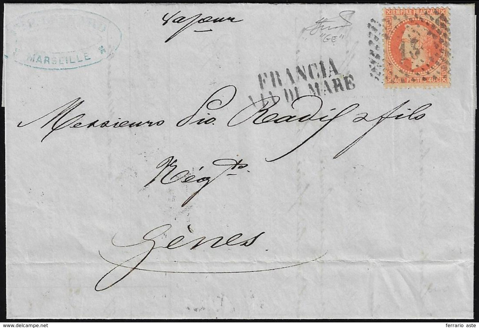 1870 - FRANCIA VIA DI MARE + Numerale A Punti - 40 Cent. Napoleone Laureato (Francia 31), Perfetto, ... - Unclassified