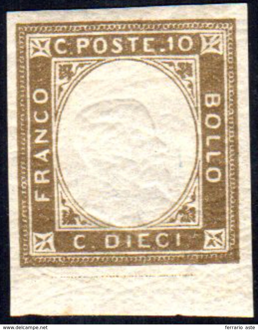 1861 - 10 Cent. Terra D'ombra, Non Emesso, Margine Di Foglio Inferiore Non Tosato (2), Gomma Integra... - Sonstige & Ohne Zuordnung