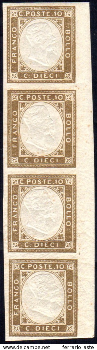 1861 - 10 Cent. Terra D'ombra, Non Emesso, Striscia Verticale Di Quattro Con Margine Destro Di Fogli... - Autres & Non Classés