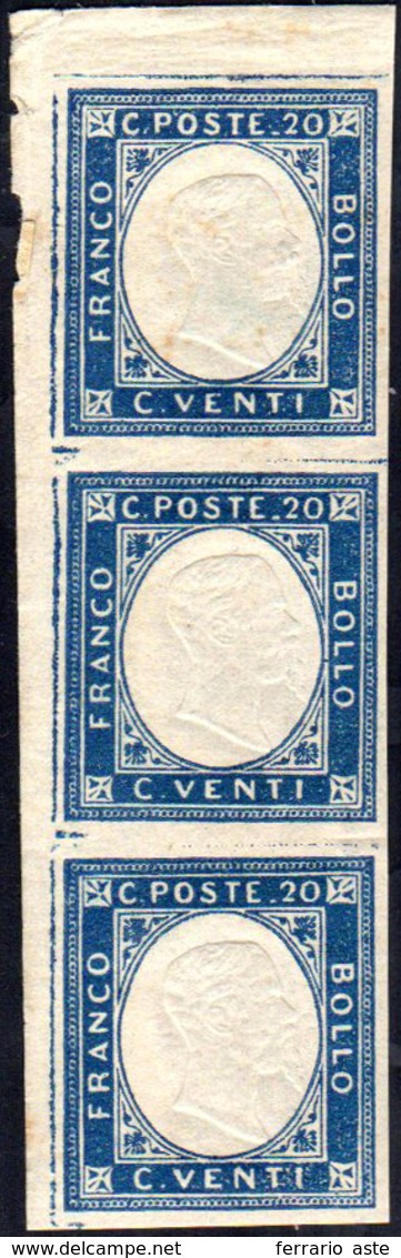 1861 - 20 Cent. Azzurro, Non Emesso (3), Striscia Verticale Di Tre, Angolo Di Foglio, Con Il Margine... - Other & Unclassified
