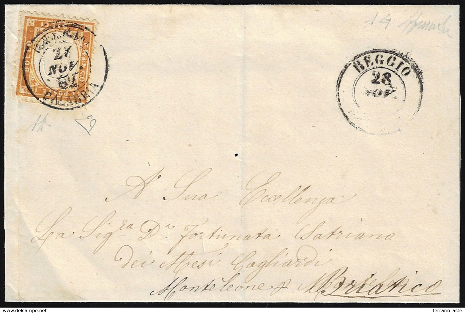 1862 - 10 Cent. Bistro Arancio (1g), Perfetto, Su Sovracoperta Di Lettera Da Reggio Calabria 28/11/1... - Otros & Sin Clasificación