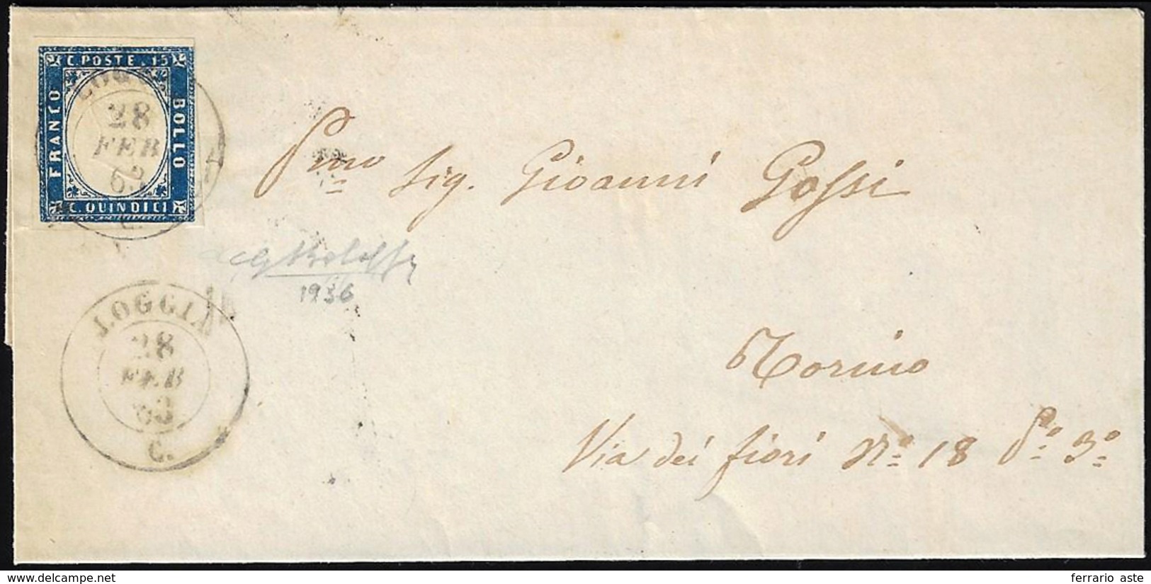 1863 - 15 Cent. Azzurro (11), Perfetto, Su Sovracoperta Di Lettera Da Loggia 28/2/1863 (punti 11) A ... - Otros & Sin Clasificación