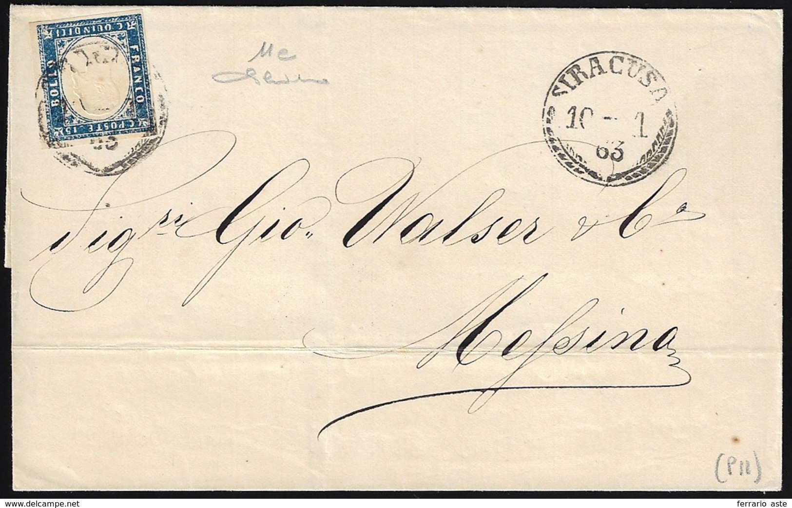 1863 - 15 Cent. Azzurro Grigio (11e), Perfetto, Su Sovracoperta Di Lettera Da Siracusa 10/1/1863, Ce... - Autres & Non Classés