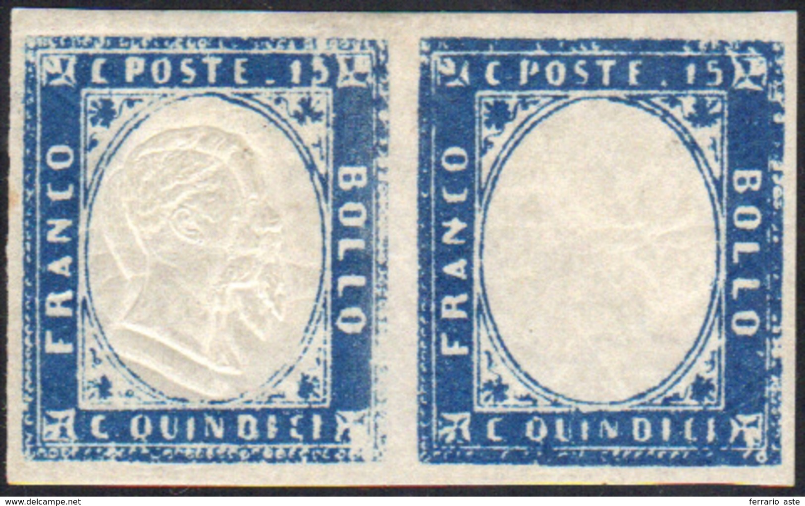 1863 - 15 Cent. Azzurro, Coppia Orizzontale Con Un Esemplare Senza Effigie, L'altro Con Doppia Effig... - Otros & Sin Clasificación