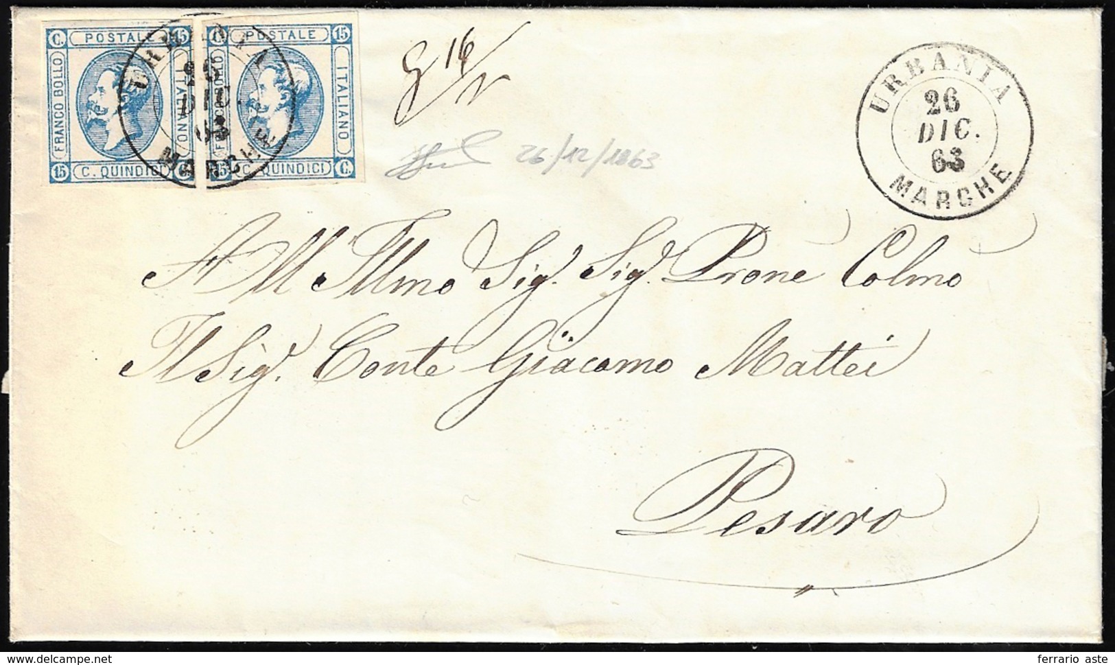 1863 - 15 Cent. Litografico, II Tipo (13), Due Esemplari, Perfetti, Su Lettera Da Urbania 26/12/1863... - Autres & Non Classés