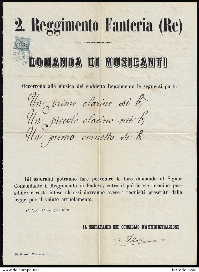 1878 - 5 Cent. De La Rue, Tiratura Di Torino (T16), Perfetto, In Uso Fiscale Su Manifesto Del 2° Reg... - Other & Unclassified