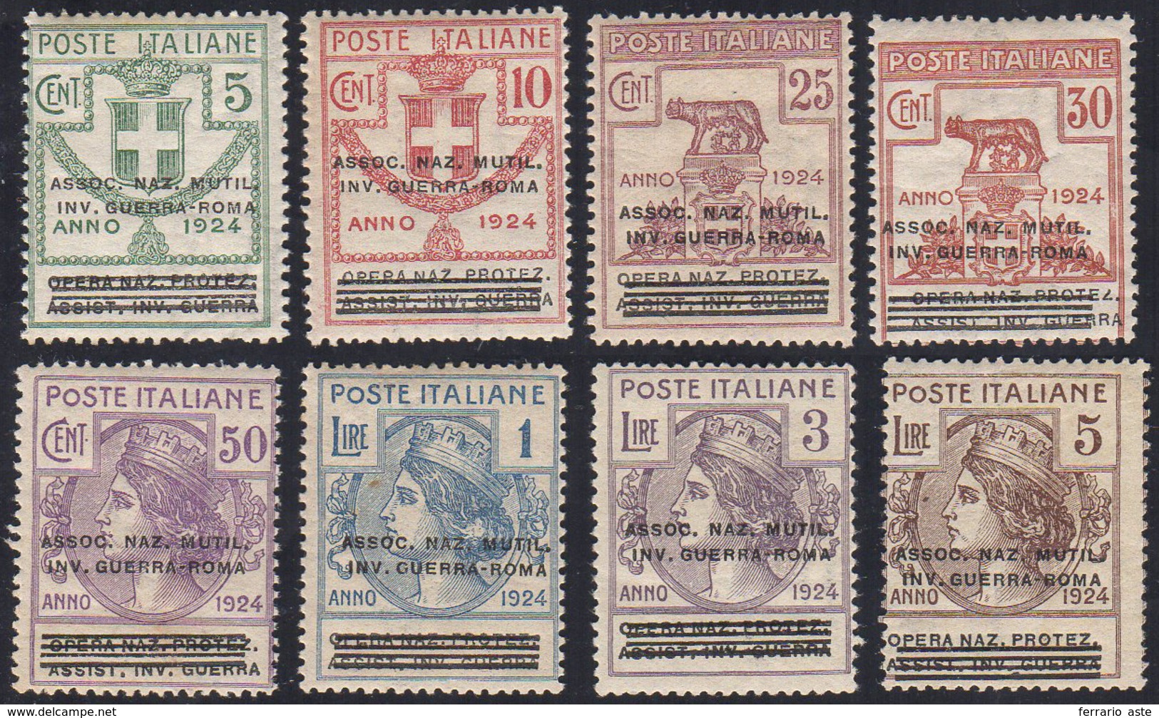 ASSOC. NAZ. MUTIL. INV. GUERRA - ROMA 1924 - Soprastampati, Serie Completa (70/77), Nuovi, Gomma Ori... - Otros & Sin Clasificación