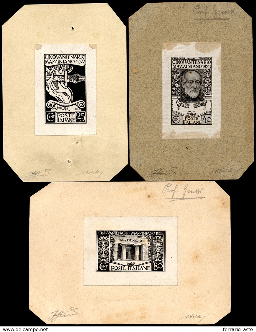 1921 - Mazzini (128/130), Tre Prove Di Conio In Nero, Montate Su Altrettanti Cartoncini, Perfette. I... - Otros & Sin Clasificación
