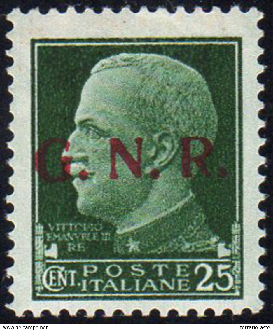 1943 - 25 Cent. Soprastampa G.N.R. Di Brescia, II Tipo (474/II), Gomma Integra, Perfetto. Raro. Fiec... - Autres & Non Classés