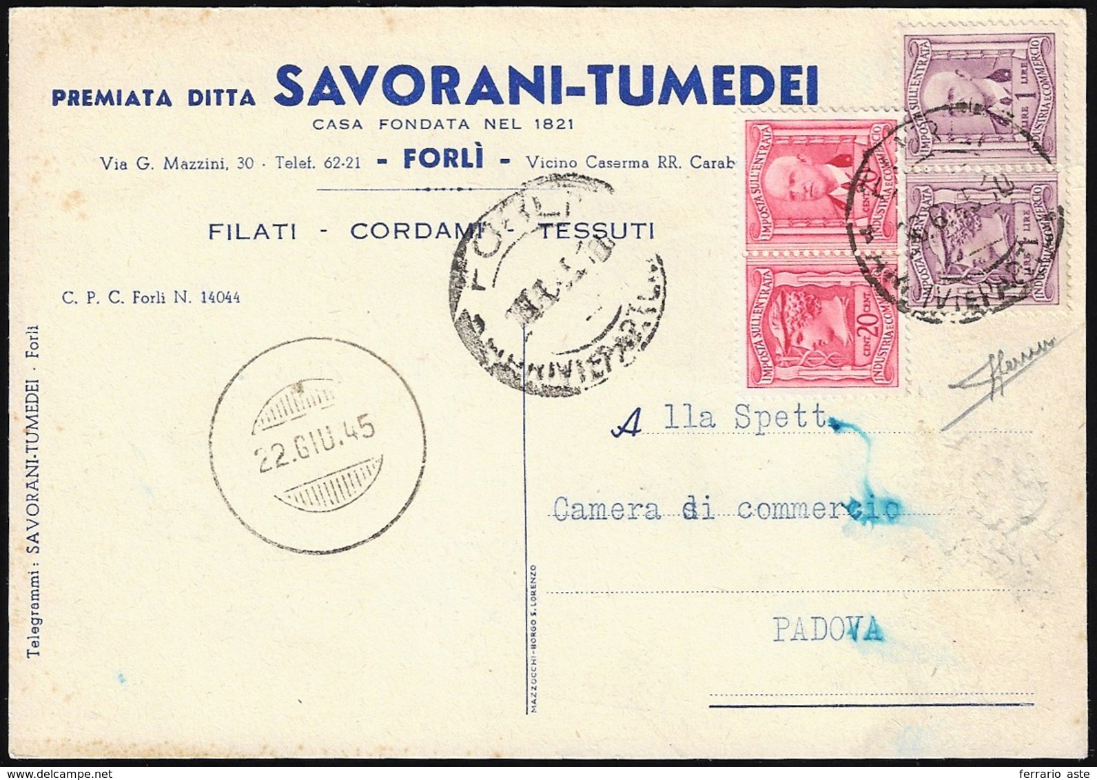 1945 - 20 Cent., 1 Lira Imposta Sull'Entrata, Marche Da Bollo Doppie, Ottimo Stato, Su Cartolina Da ... - Autres & Non Classés