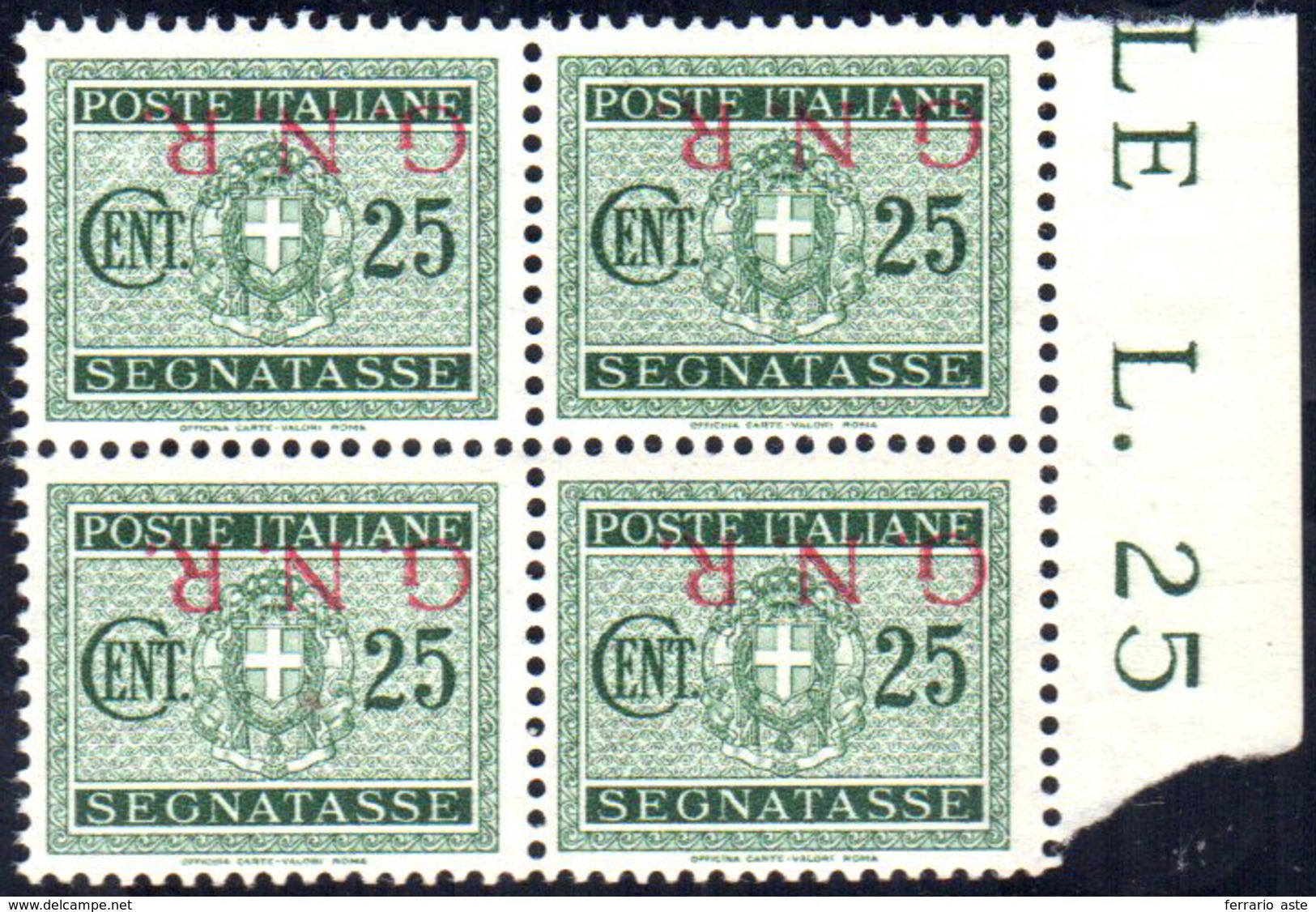 1943 - 25 Cent. Verde, Soprastampa Capovolta G.N.R. Di Brescia (50/Ia), Blocco Di Quattro, Gomma Int... - Autres & Non Classés