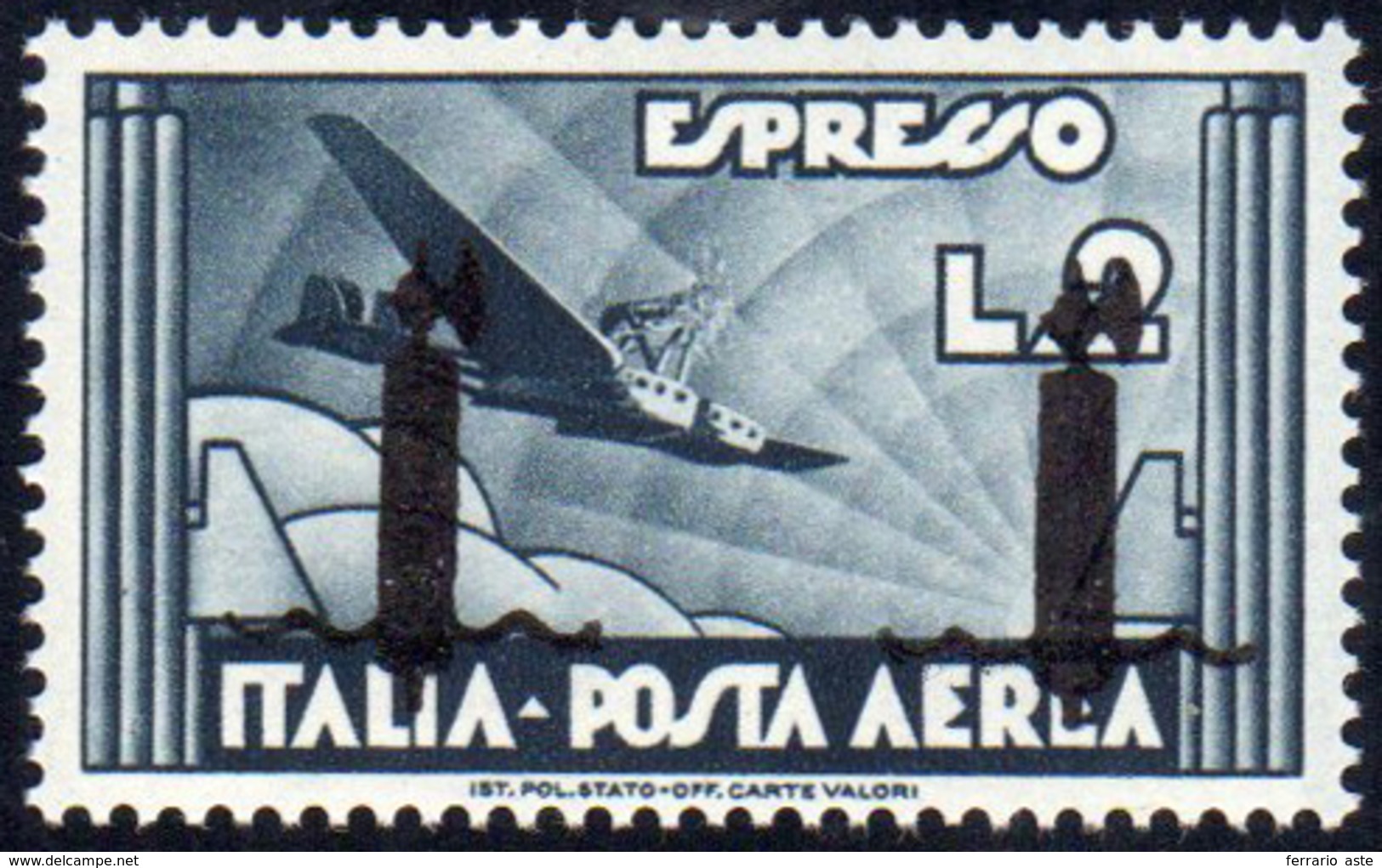 POSTA AEREA 1944 - 2 Lire Ardesia, Soprastampa Fascio Ripetuta (P16), Gomma Integra, Perfetto. Raro!... - Other & Unclassified