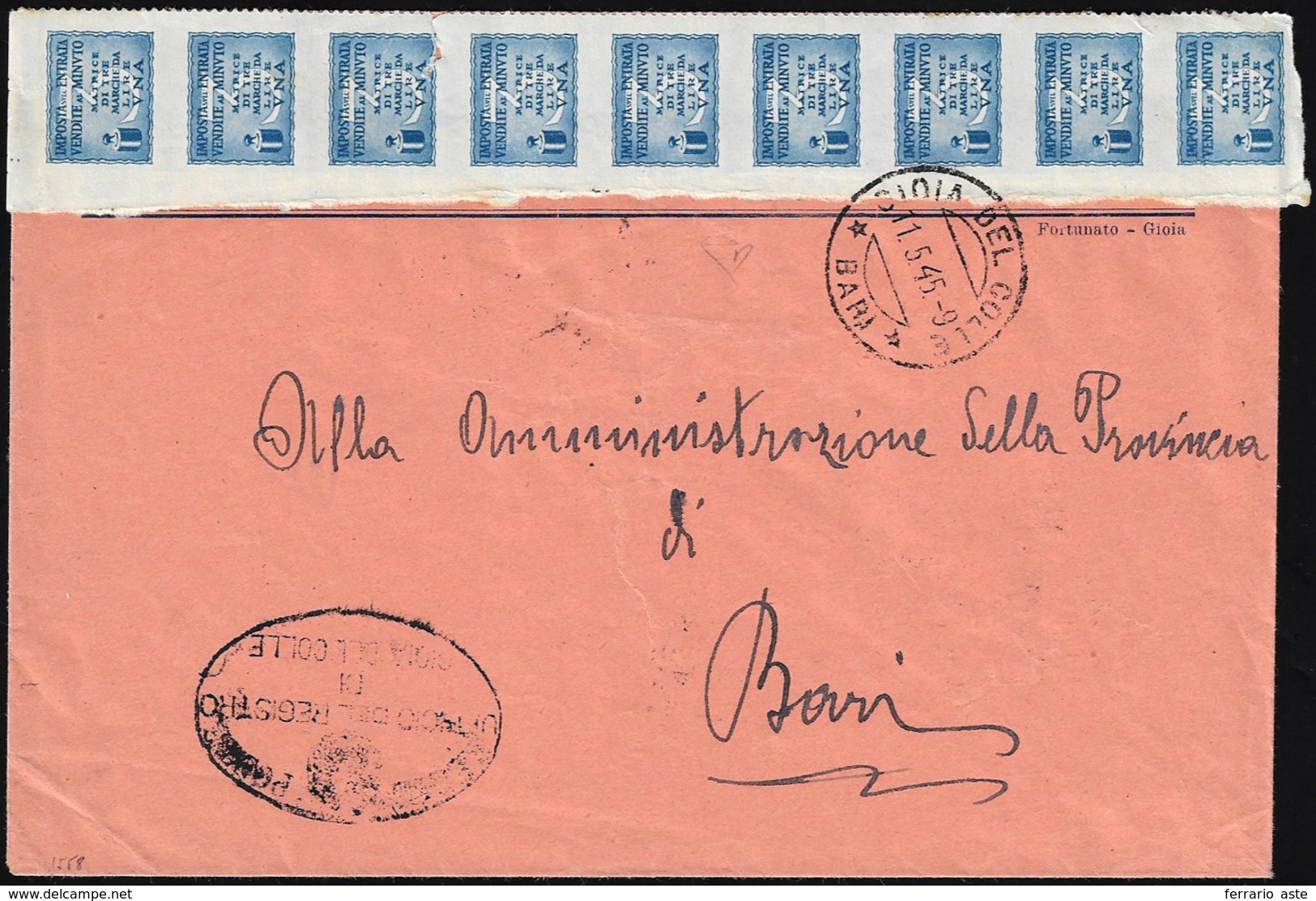1945 - 1 Lira, Matrice Della Marca Da Bollo Per "vendite Al Minuto", Striscia Di Nove, Difetti, Su B... - Autres & Non Classés