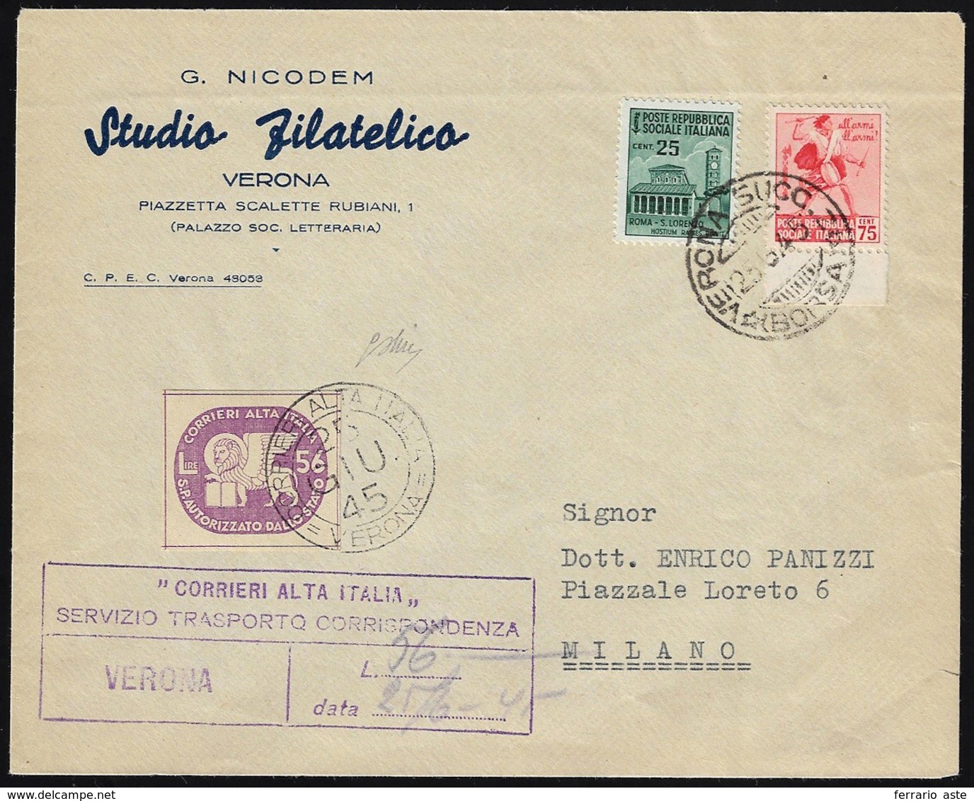 CORALIT 1945 - 56 Lire Leone Di S.Marco (5), Perfetto, Su Busta Affrancata Da Verona 25/6/1945 A Mil... - Autres & Non Classés