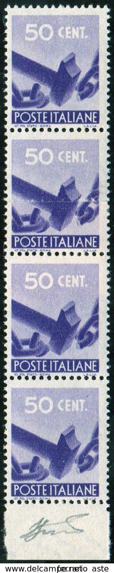 1945 - 50 Cent. Democratica, Striscia Verticale Di Quattro, Due Esemplari Stampati Su Carta Ricongiu... - Other & Unclassified