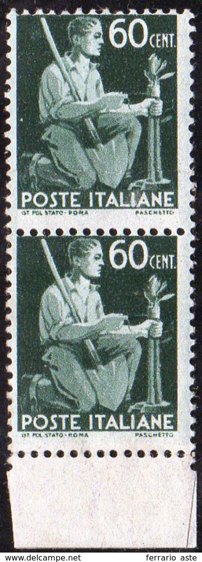 1945 - 60 Cent. Democratica, Coppia Verticale Stampata Su Carta Ricongiunta (548t), Gomma Integra, P... - Autres & Non Classés