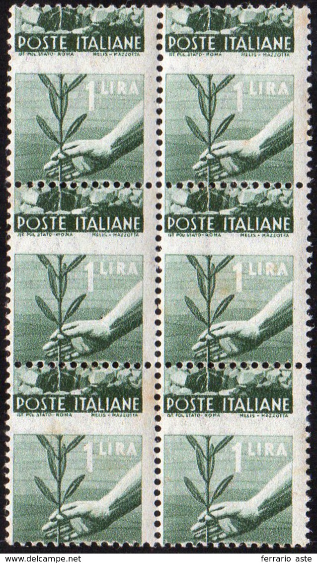 1945 - 1 Lira Democratica, Dentellatura Orizzontale Fortemente Spostata (550u), Blocco Di Sei, Gomma... - Other & Unclassified