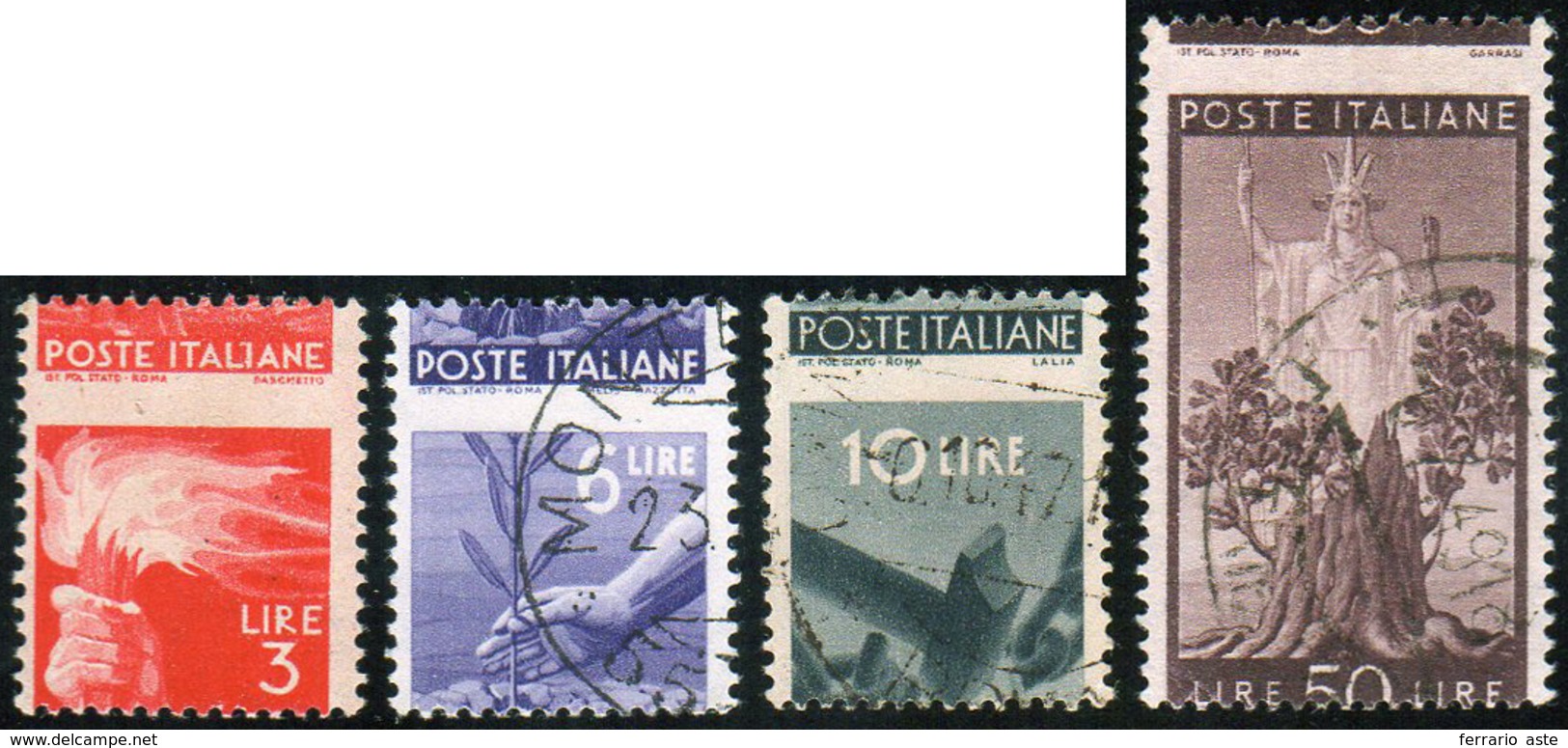 1946 - 3 Lire, 6 Lire, 10 Lire, 50 Lire Democratica, Dentellatura Orizzontale Fortemente Spostata (5... - Autres & Non Classés