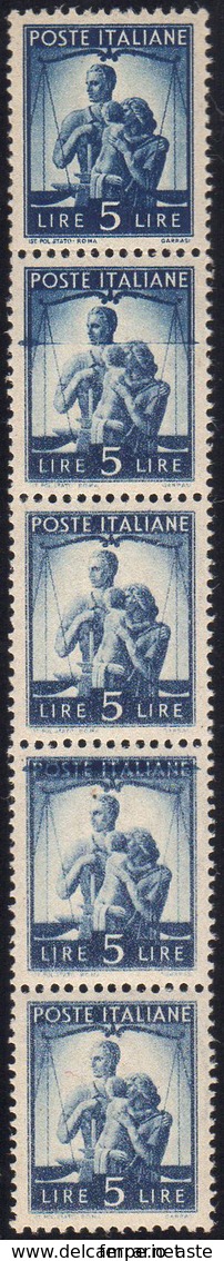 1945 - 5 Lire Democratica, Striscia Verticale Di Cinque, Quattro Esemplari Con Stampa Evanescente (5... - Other & Unclassified