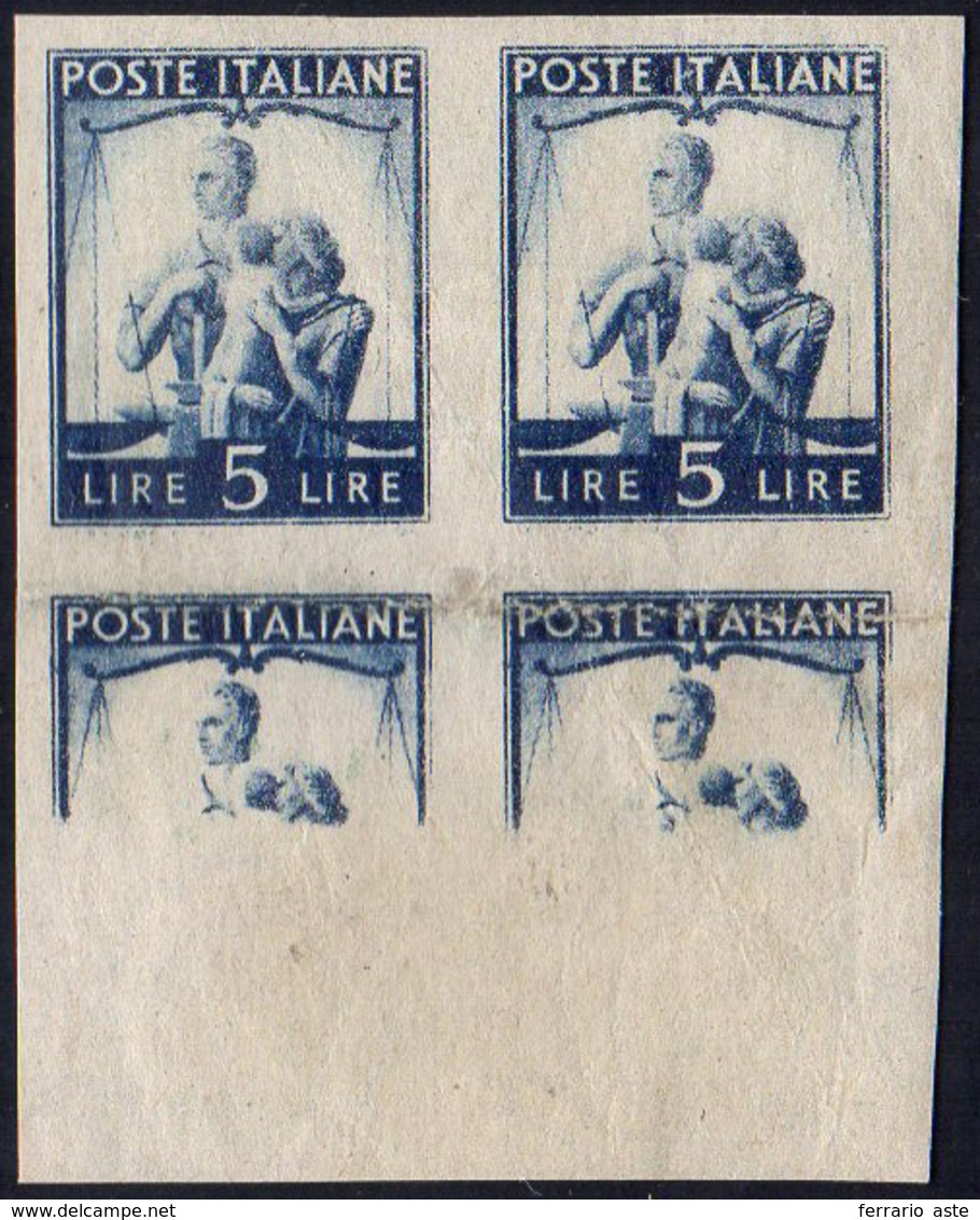 1945 - 5 Lire Democratica, Non Dentellato, Blocco Di Quattro Con I Due Esemplari Inferiori Con Stamp... - Autres & Non Classés