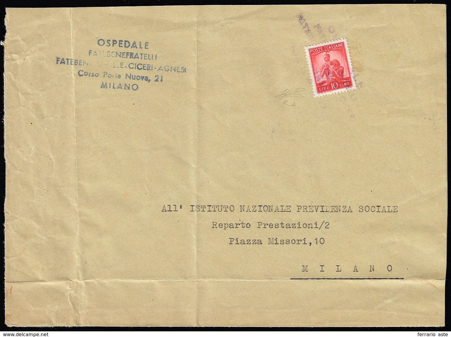 1948 - 10 Lire Arancio Democratica (559), Perfetto, Usato Come Recapito Autorizzato Su Busta Da Mila... - Autres & Non Classés