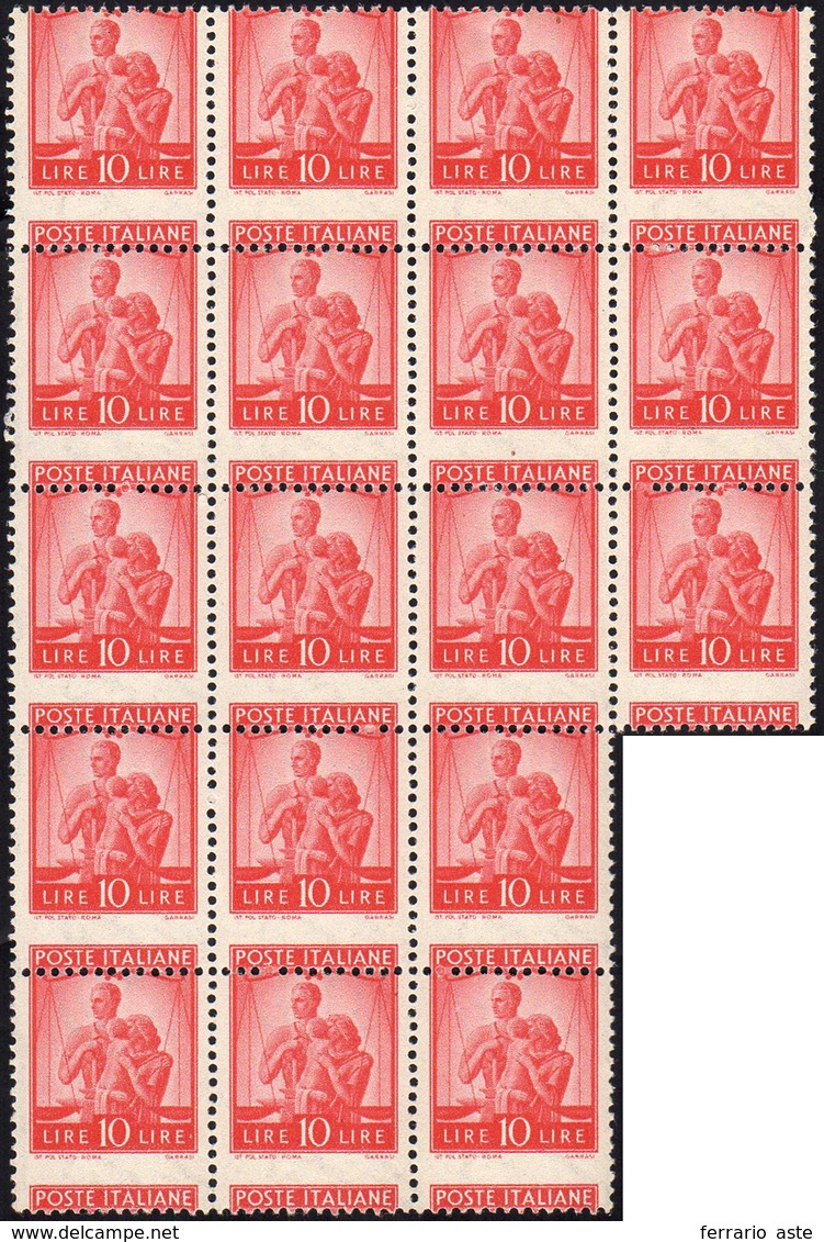 1947 - 10 Lire Arancio Democratica, Blocco Di 18 Esemplari Con Dentellatura Orizzontale Fortemente S... - Autres & Non Classés