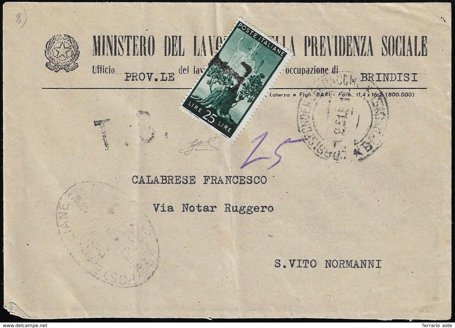 1951 - 25 Lire Democratica (562), Lieve Piega, Annullato Con La "T" E Usato Come Segnatasse Su Busta... - Other & Unclassified