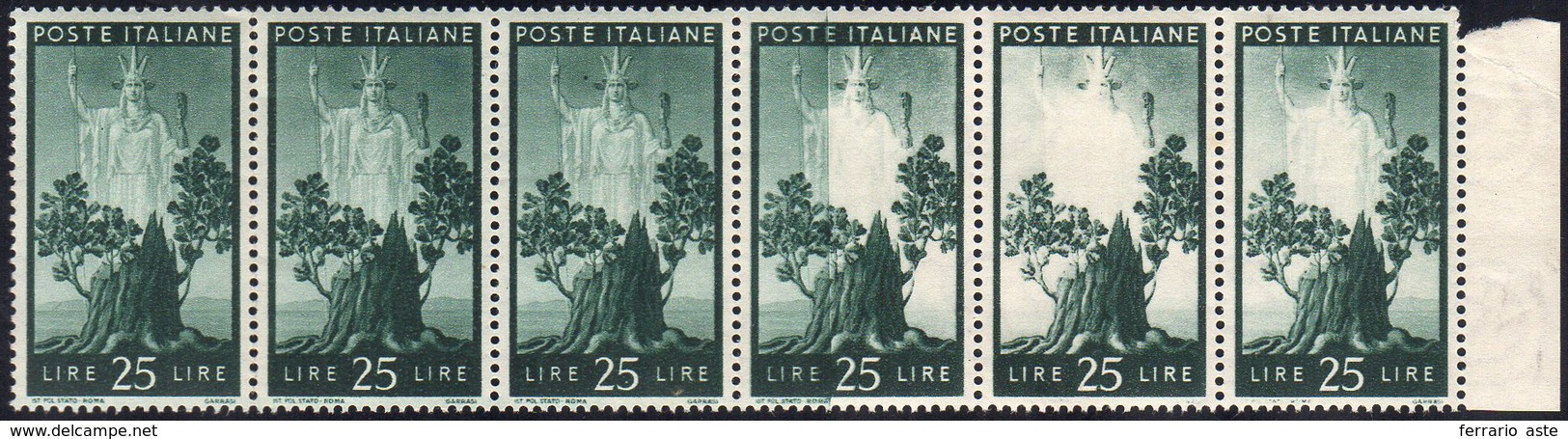 1945 - 25 Lire Democratica, Striscia Di Sei, Gli Ultimi Tre Esemplari Con Stampa Evanescente Del Cen... - Other & Unclassified