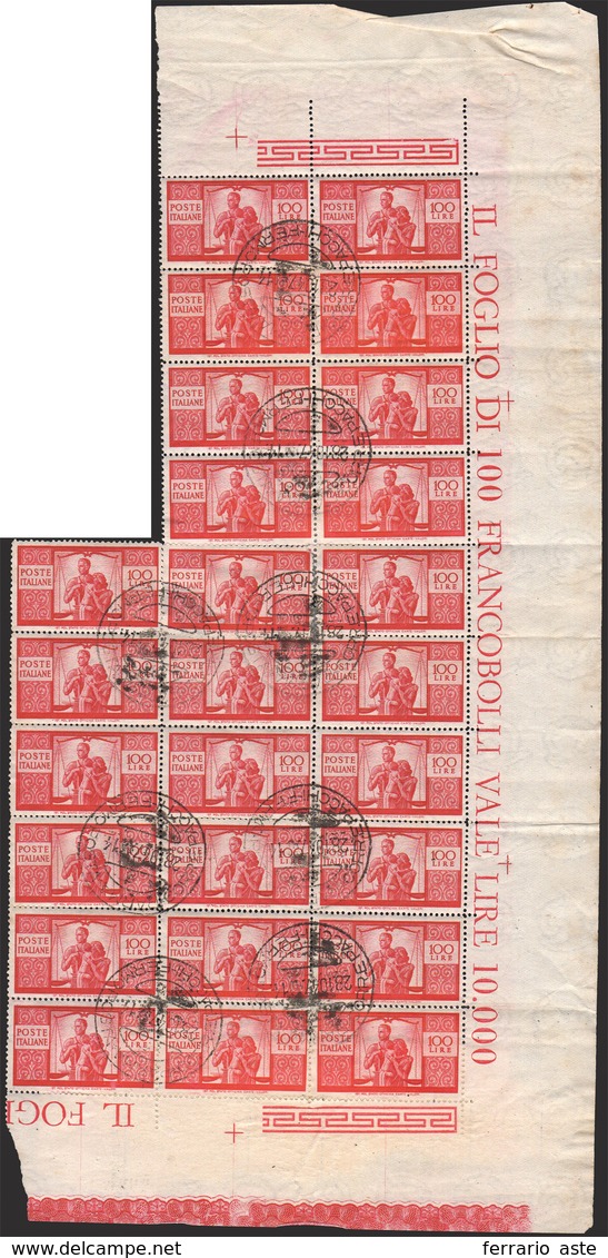 1947 - 100 Lire Carminio Scuro Democratica (565), Eccezionale Blocco Di Ventisei Esemplari Usati, Bo... - Autres & Non Classés