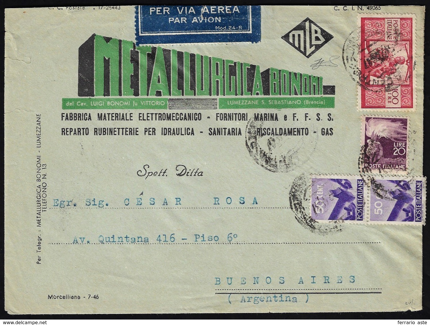 1946 - 100 Lire, 20 Lire, Perfetti, 50 Cent. Coppia, Buono Stato (565,561,547), Su Aerogramma Da Lum... - Autres & Non Classés