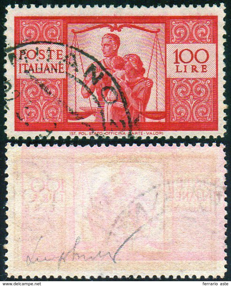 1946 - 100 Lire Democratica, Decalco Completo Spostato (565/Iz), Usato, Perfetto. Cert. Sirotti.... - Other & Unclassified