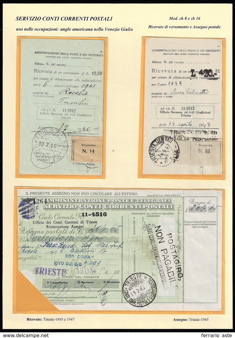1945/47 - Due Ricevute Di Versamento E Un Assegno Postale. Bell'insieme Di Modulistica Del Servizio ... - Autres & Non Classés