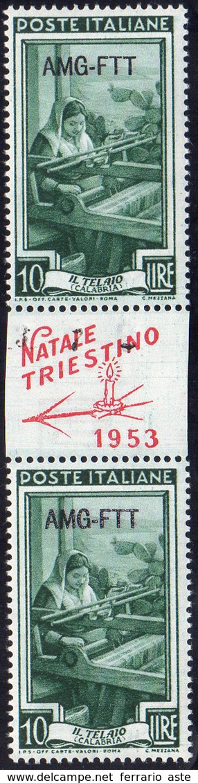 1953 - 10 Lire Lavoro Soprastampato Natale Triestino, Coppia Verticale Con Interspazio Di Gruppo, Se... - Autres & Non Classés