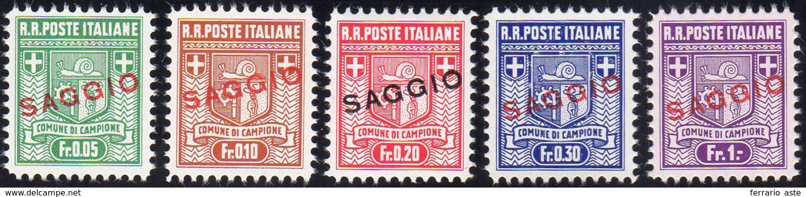 CAMPIONE D'ITALIA 1944 - Stemma, I Tiratura, Soprastampati "saggio" (1a/5a, Nota), Gomma Integra, Pe... - Non Classés