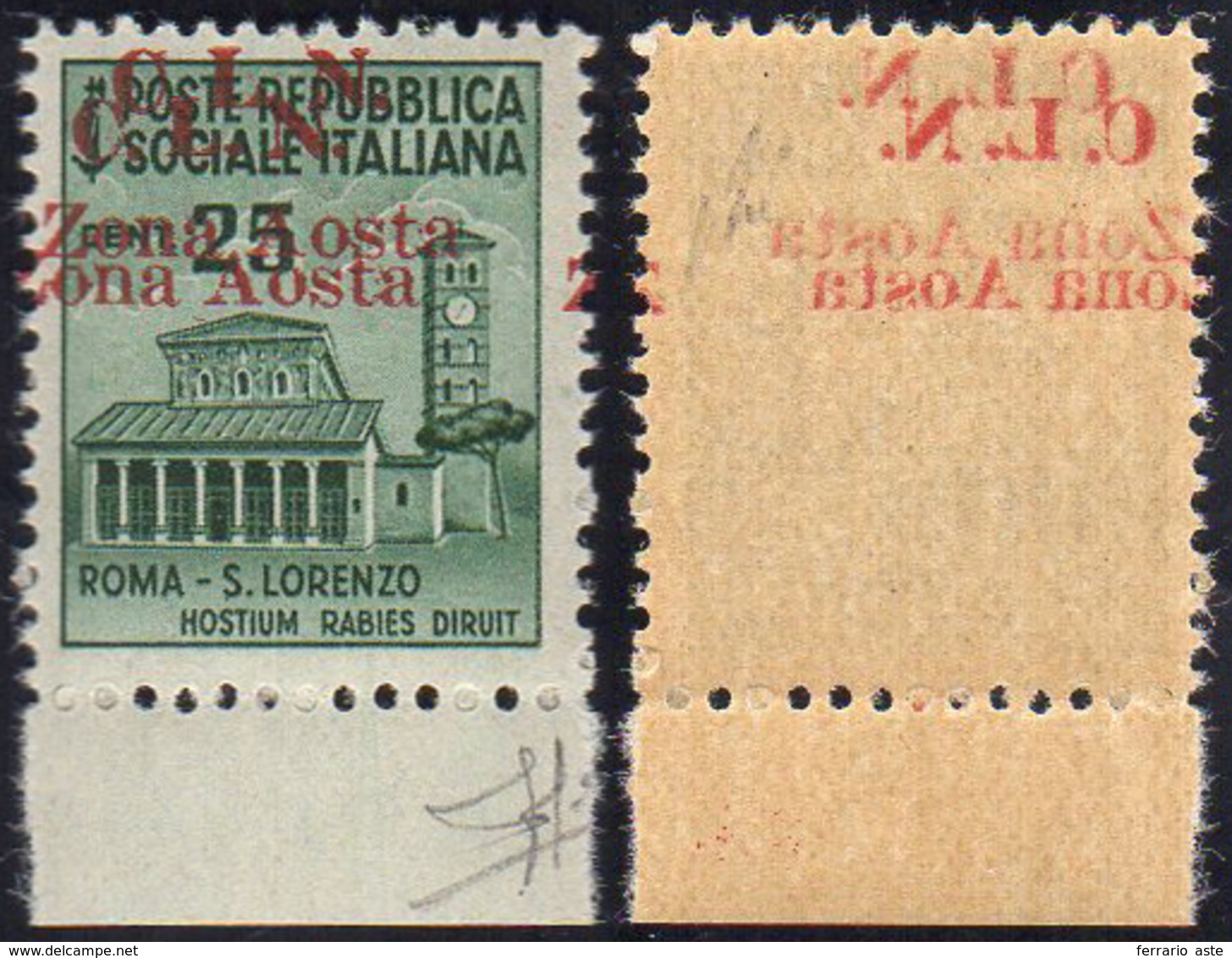 AOSTA 1944 - 25 Cent., Doppia Soprastampa Fortemente Spostata A Sinistra, Una Spostata In Alto, Con ... - Comite De Liberación Nacional (CLN)