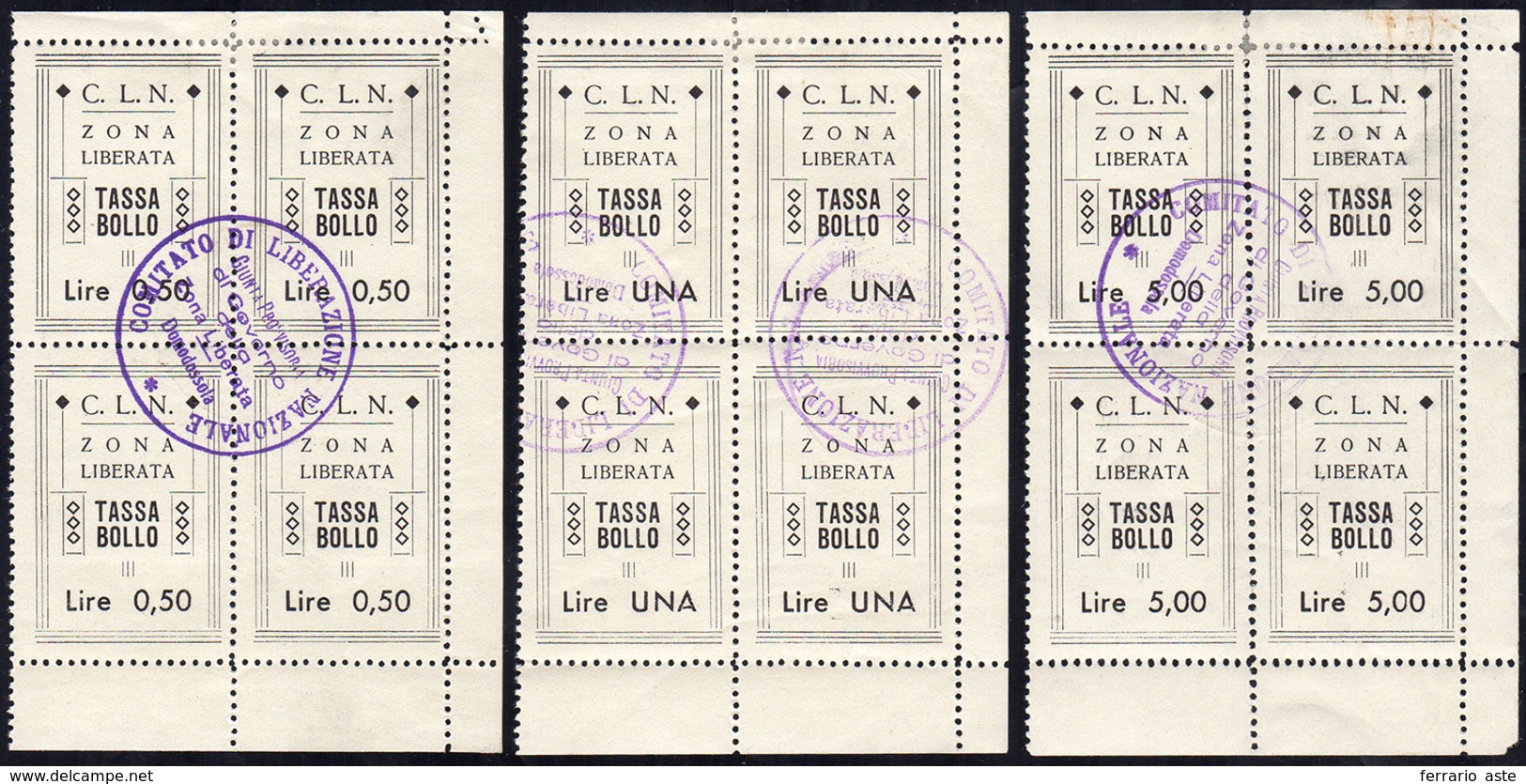 DOMODOSSOLA FISCALI 1944 - Marche Fiscali (Errani 1/3), Blocchi Di Quattro Preannullati Con Il Bollo... - Centraal Comité Van Het Nationaal Verzet (CLN)