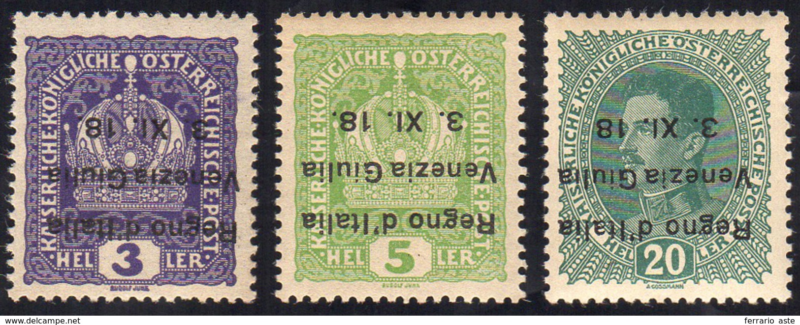 VENEZIA GIULIA 1918 - 3 H, 5 H E 20 H, Soprastampa Capovolta (1aa,2aa,7aa), 20 H. Senza Punto Dopo 1... - Other & Unclassified