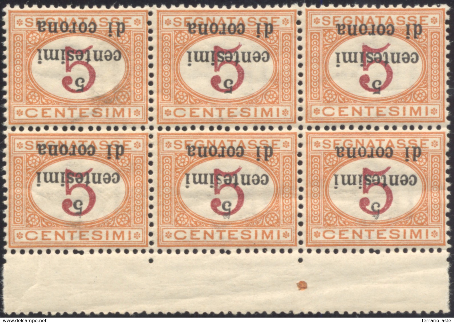 TRENTO E TRIESTE SEGNATASSE 1919 - 5 Su 5 Cent., Soprastampa Capovolta (2a), Blocco Di 6, Bordo Di F... - Other & Unclassified