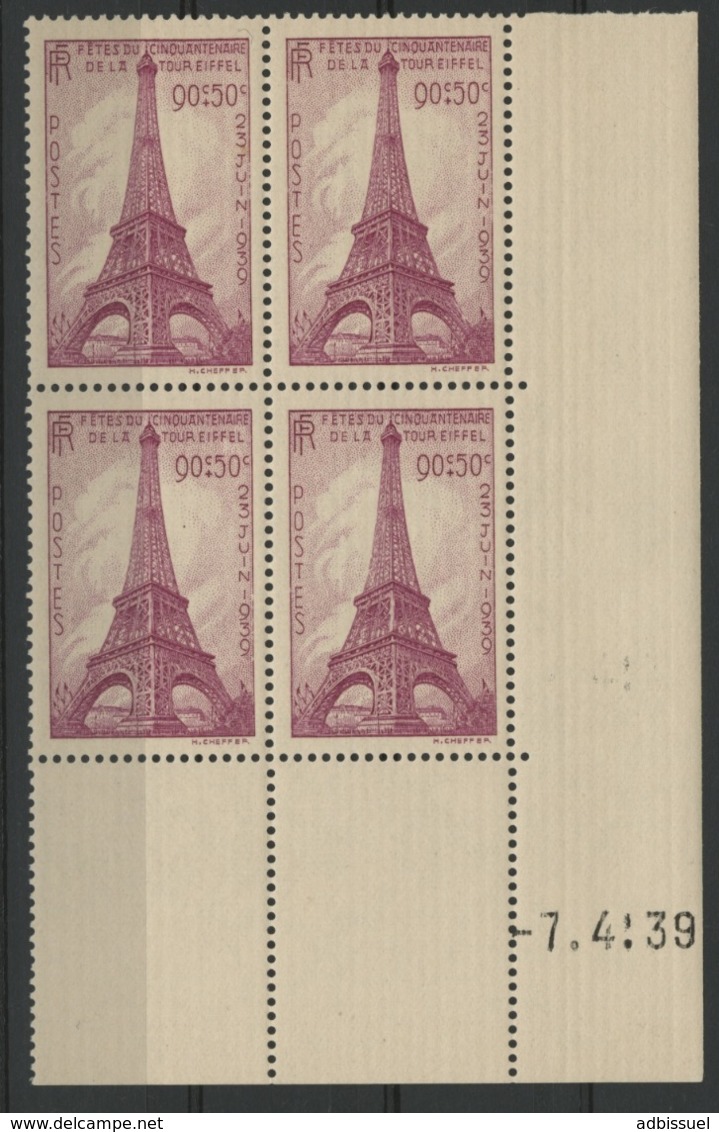 N° 429 Cote 85 €. Coin Daté Du 7/4/39 / Bloc De Quatre "Tour Eiffel". - 1930-1939