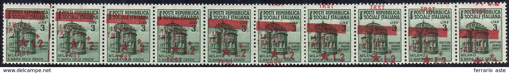 OCC. JUGOSLAVA TRIESTE 1945 - 2 Lire Su 3 Lire, Soprastampa Obliqua (8i) Striscia Di Dieci Esemplari... - Otros & Sin Clasificación