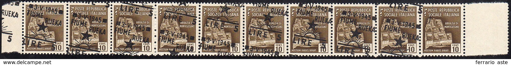 OCC. JUGOSLAVA FIUME 1945 - 5 Lire Su 10 Cent., Soprastampa Obliqua, Striscia Di 10, Il Primo Esempl... - Autres & Non Classés